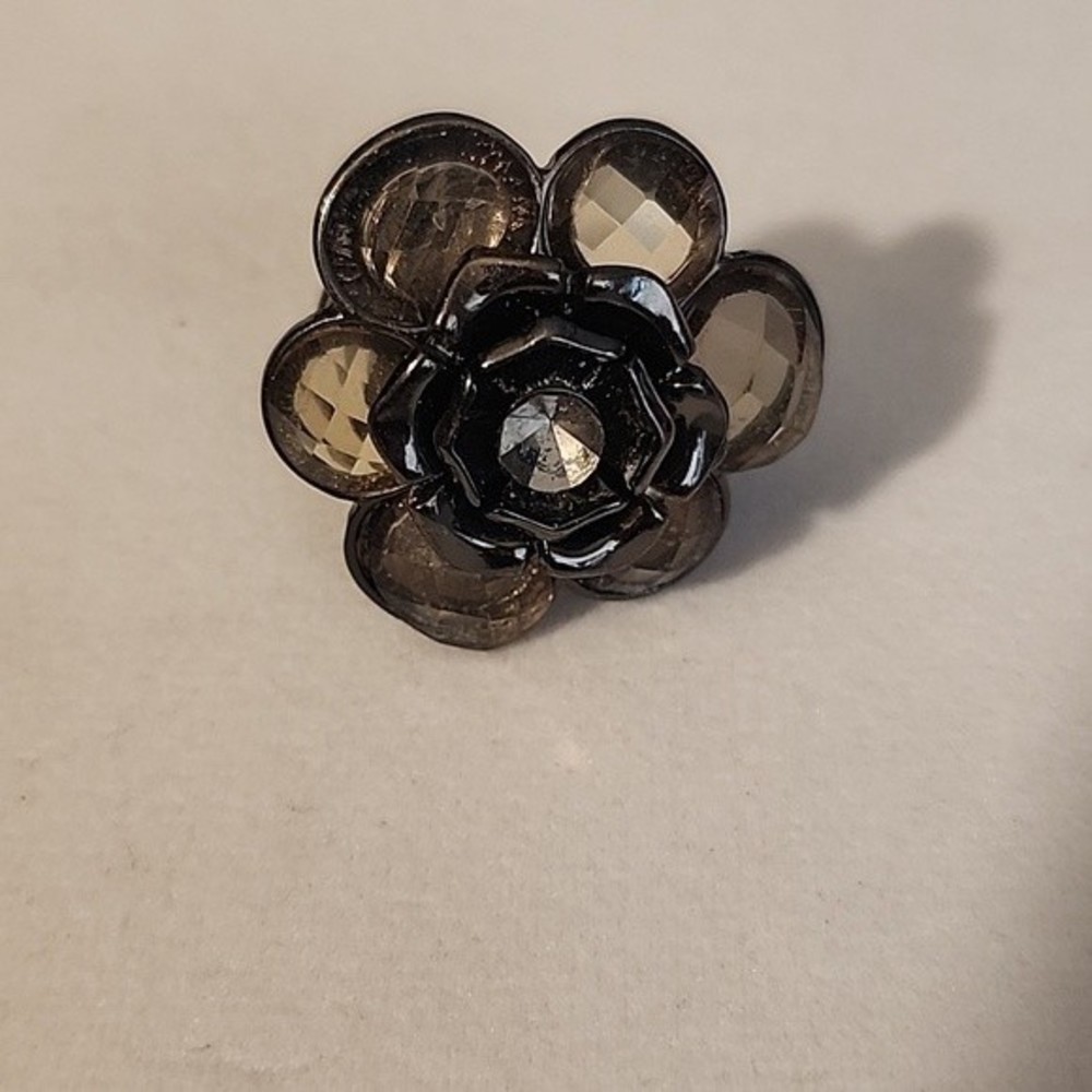 Black Floral Beaded Gunmetal Colored Stretchy Banded Ring